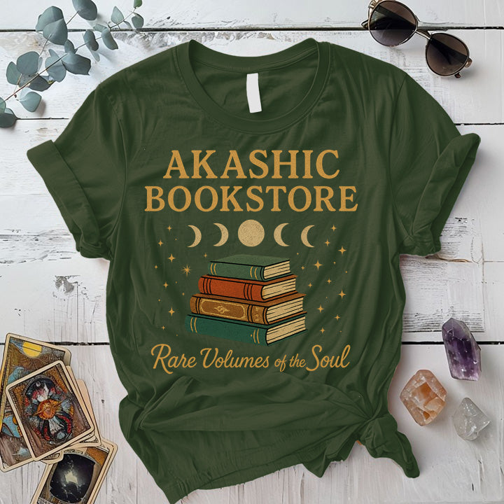 Akashic Bookstore Moon T-Shirt Mockup Military Green