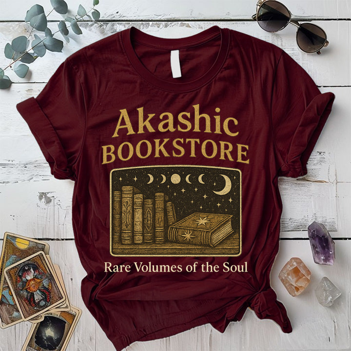 Akashic Bookstore T-Shirt Mockup Maroon