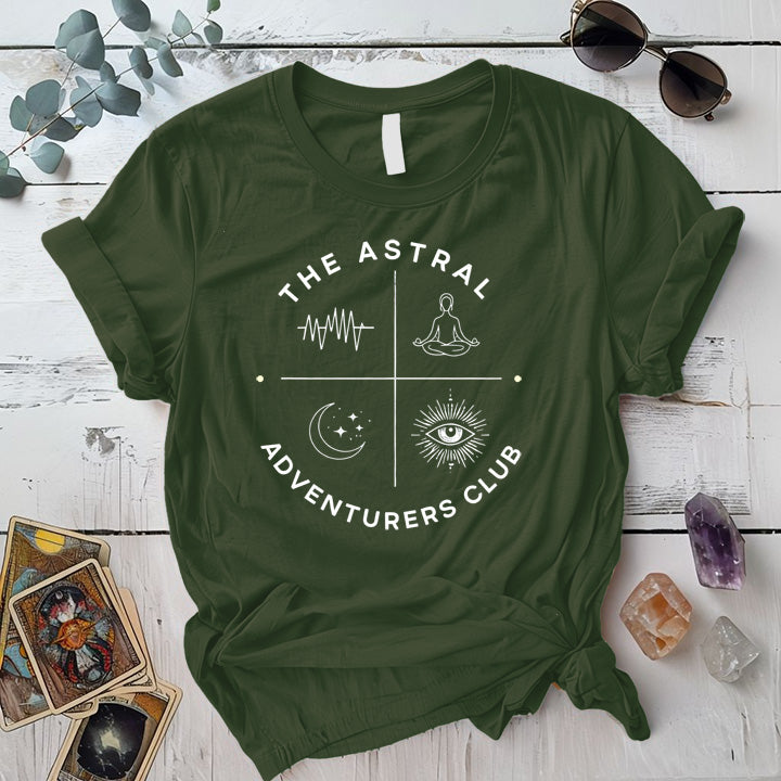 Astral Adventurers Club T Shirt Military Green Mockup