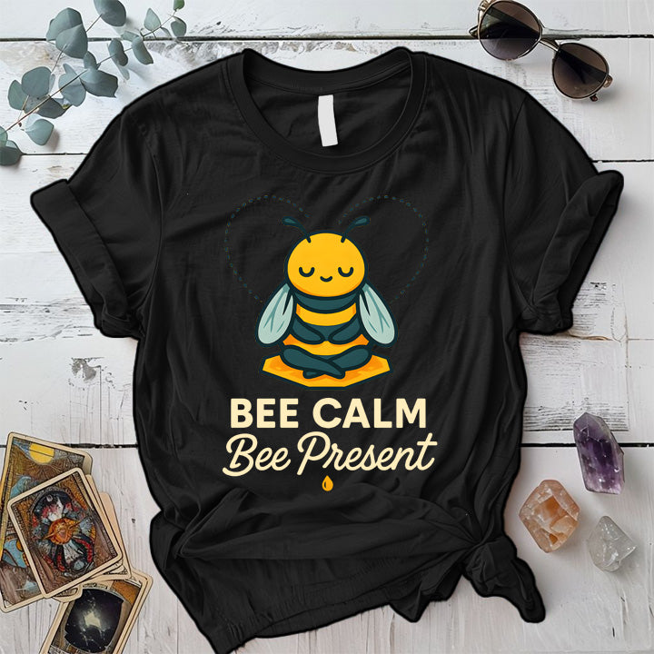 Bee Calm Bee Present T-Shirt Mockup Black