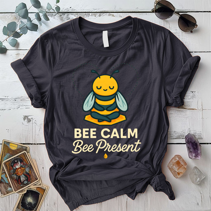 Bee Calm Bee Present T-Shirt Mockup Dark Heather Grey