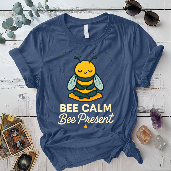 Bee Calm Bee Present T-Shirt Mockup Indigo Blue