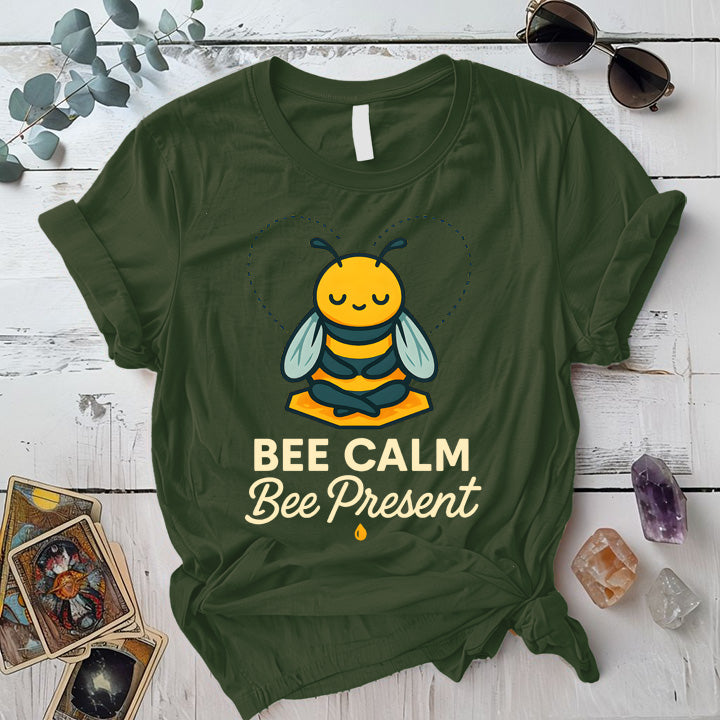 Bee Calm Bee Present T-Shirt Mockup Military Green