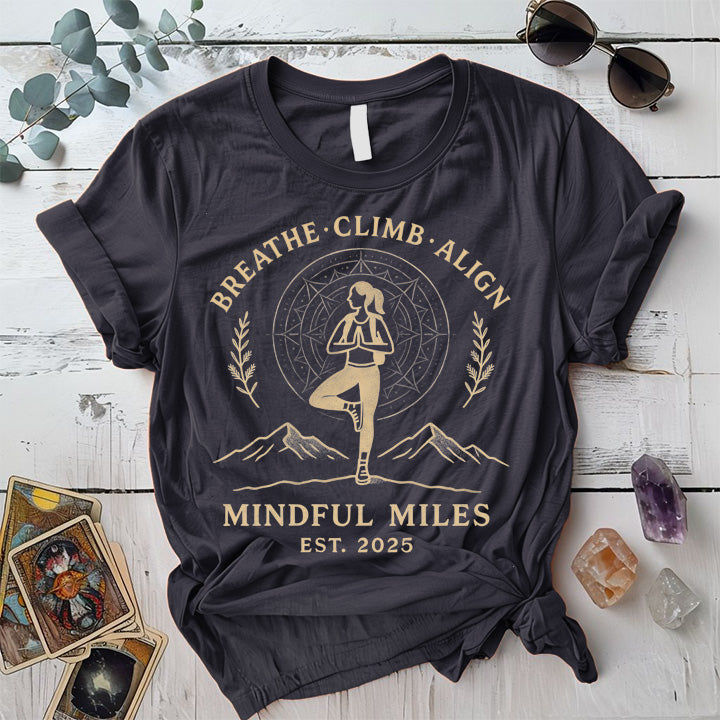 Breathe Climb Align T-Shirt Mockup Dark Heather Grey