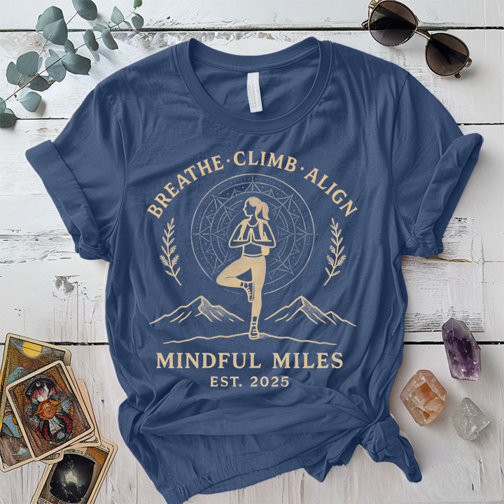 Breathe Climb Align T-Shirt Mockup Indigo Blue