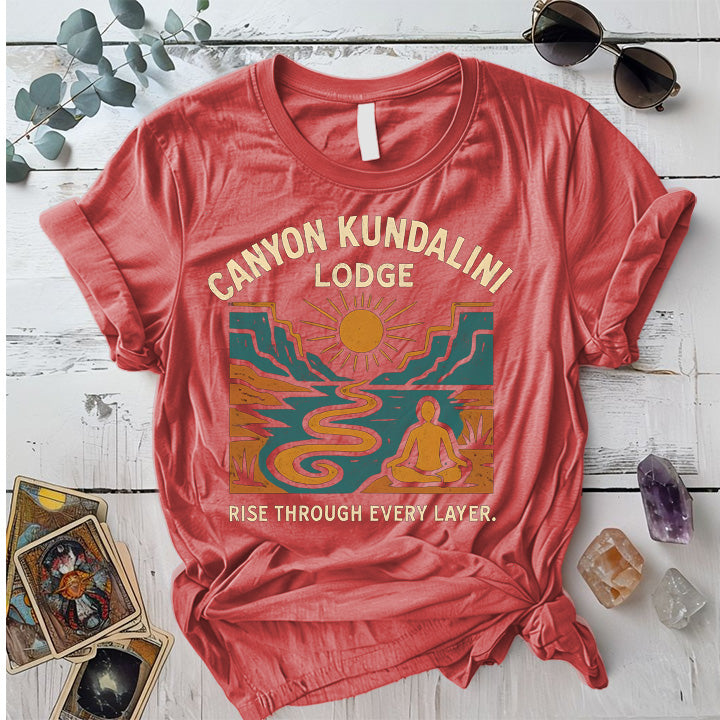 Canyon Kundalini Lodge T-Shirt Mockup Coral Silk