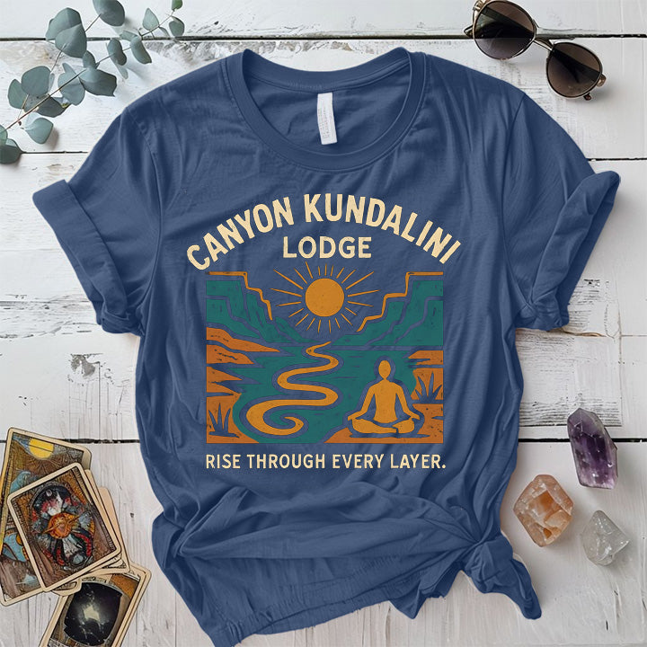 Canyon Kundalini Lodge T-Shirt Mockup Indigo Blue