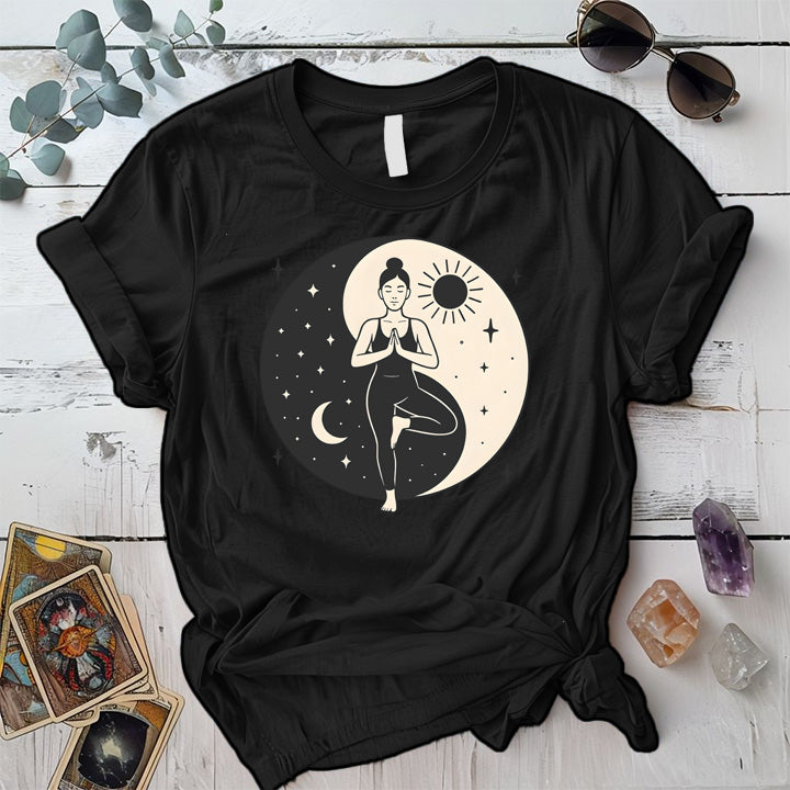 Celestial Harmony Pose T-Shirt Mockup Black