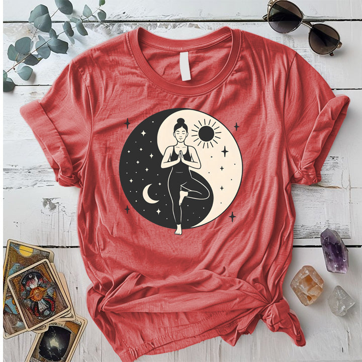 Celestial Harmony Pose T-Shirt Mockup Coral Silk