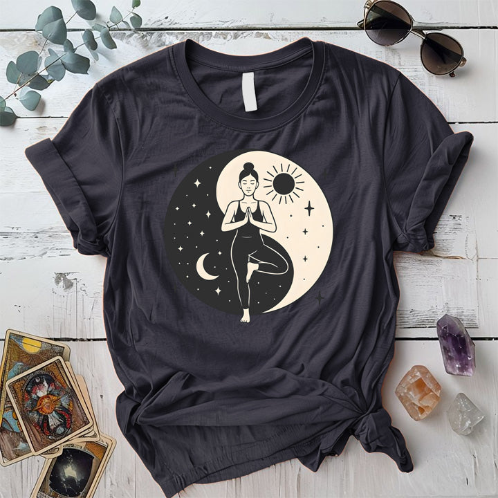 Celestial Harmony Pose T-Shirt Mockup Dark Heather Grey