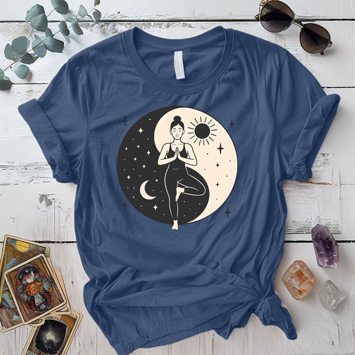 Celestial Harmony Pose T-Shirt Mockup Indigo Blue