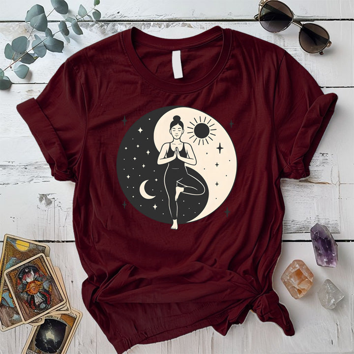 Celestial Harmony Pose T-Shirt Mockup Maroon