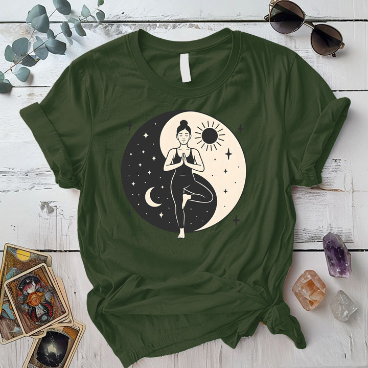 Celestial Harmony Pose T-Shirt Mockup Military Green