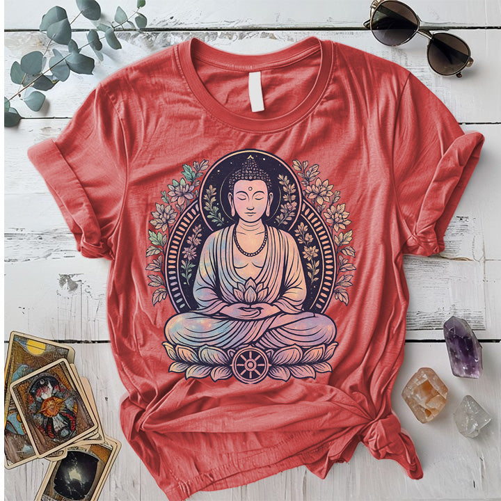 Celestial Serenity Buddha T-Shirt Mockup Coral Silk