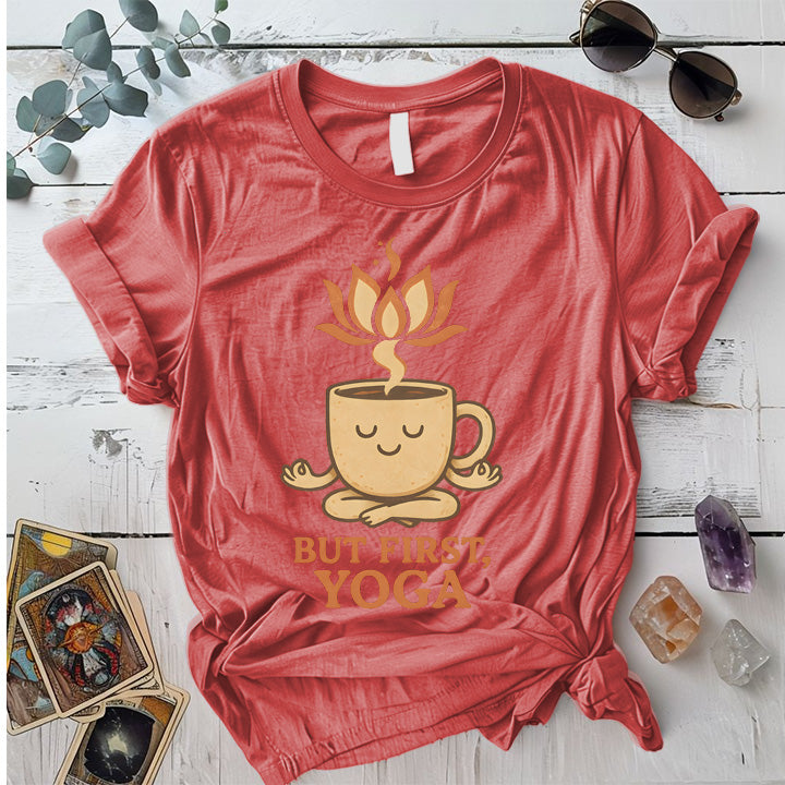 Coffee But First Yoga T-Shirt Mockup Coral Silk