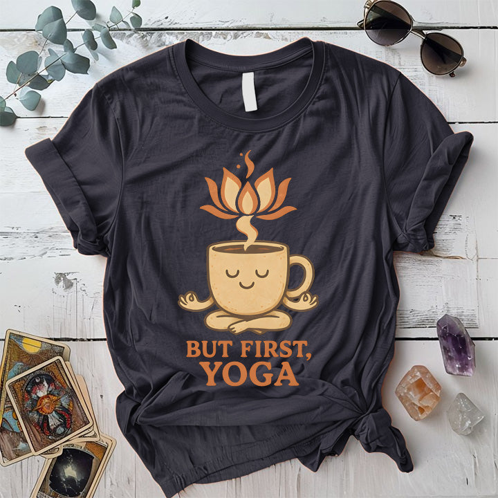 Coffee But First Yoga T-Shirt Mockup Dark Heather Grey