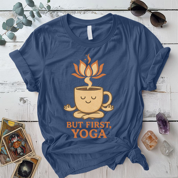 Coffee But First Yoga T-Shirt Mockup Indigo Blue