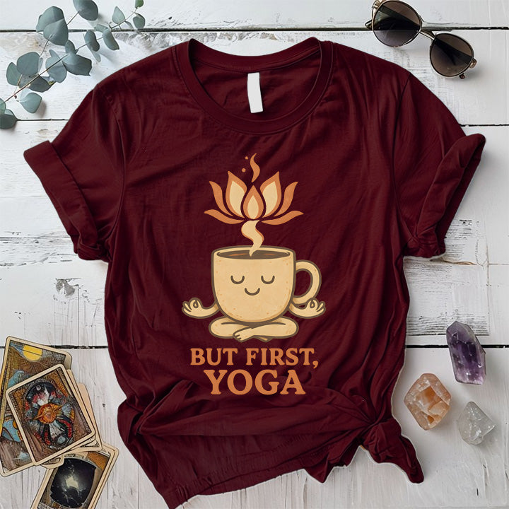 Coffee But First Yoga T-Shirt Mockup Maroon