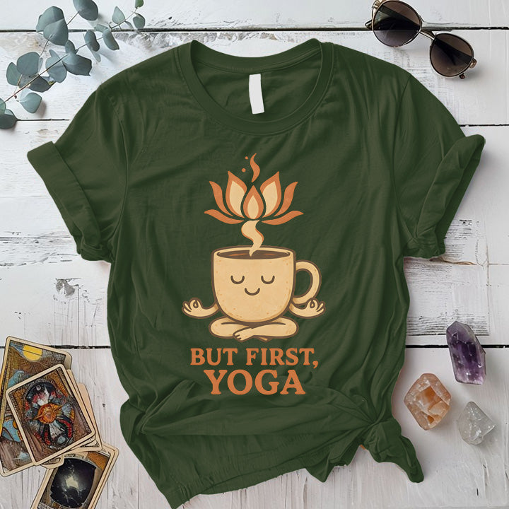 Coffee But First Yoga T-Shirt Mockup Military Green