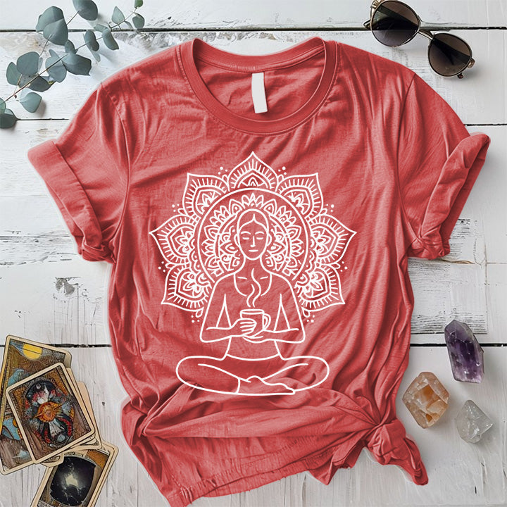 Coffee Yoga Mandala T-Shirt Mockup Coral Silk