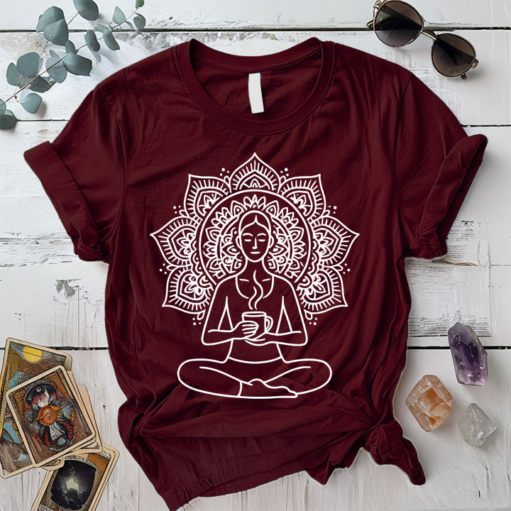 Coffee Yoga Mandala T-Shirt Mockup Maroon