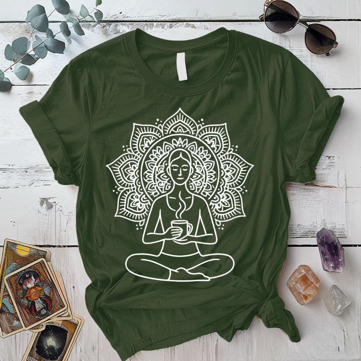 Coffee Yoga Mandala T-Shirt Mockup Military Green
