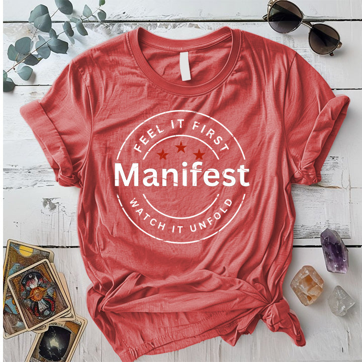 Feel It First Manifest T-Shirt Mockup Coral Silk