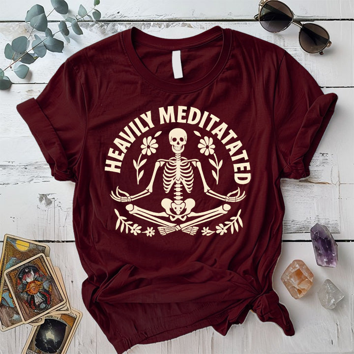 Heavily Meditated Skeleton T-Shirt Mockup maroon