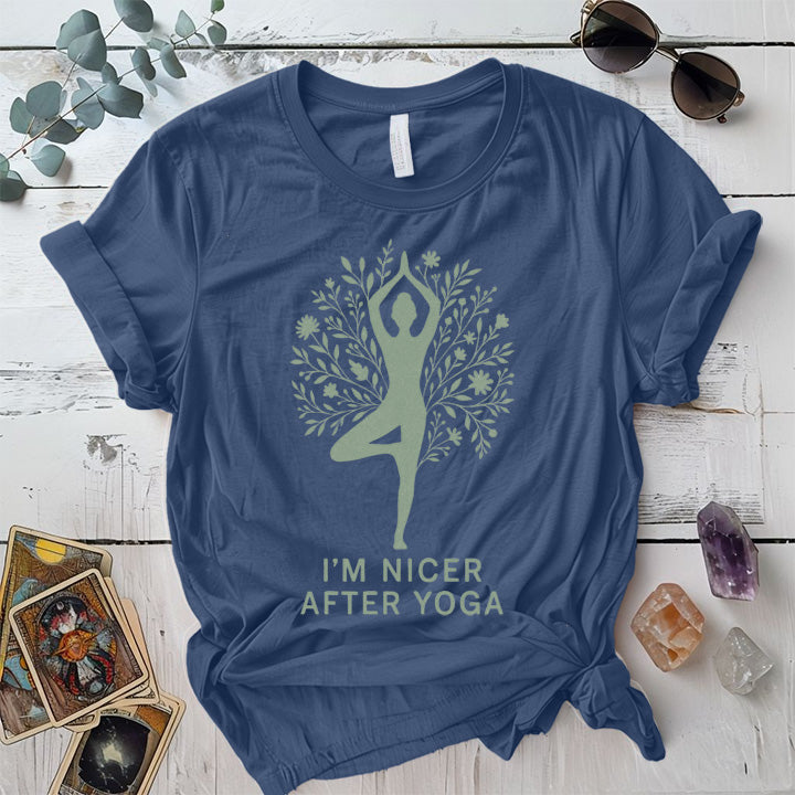 I'm Nicer After Yoga Floral T-Shirt Mockup Indigo Blue