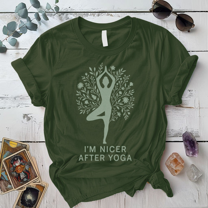 I'm Nicer After Yoga Floral T-Shirt Mockup Military Green