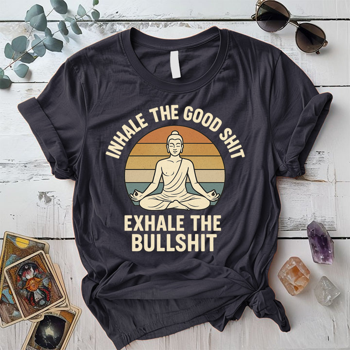 Inhale The Good Shit Buddha T-Shirt Mockup Dark Heather Grey