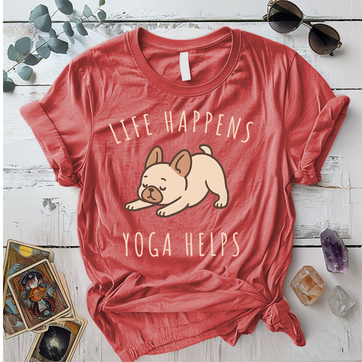 Life Happens Yoga Helps Dog T-Shirt Mockup Coral Silk