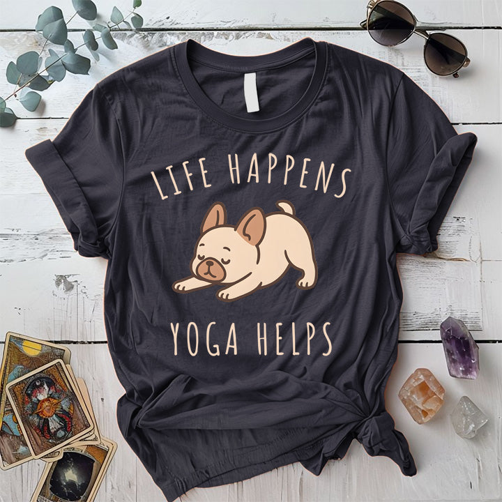 Life Happens Yoga Helps Dog T-Shirt Mockup Dark Heather Grey