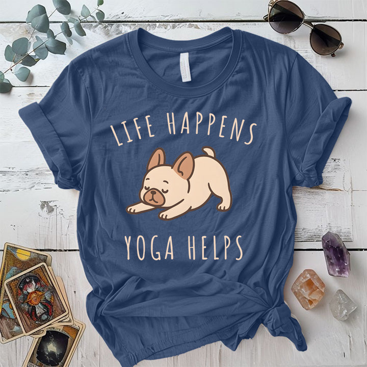 Life Happens Yoga Helps Dog T-Shirt Mockup Indigo Blue