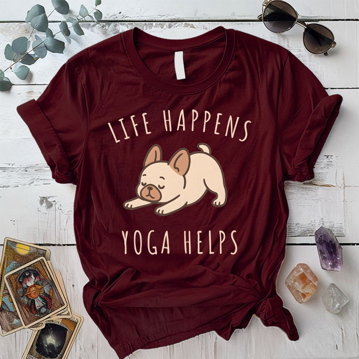 Life Happens Yoga Helps Dog T-Shirt Mockup Maroon
