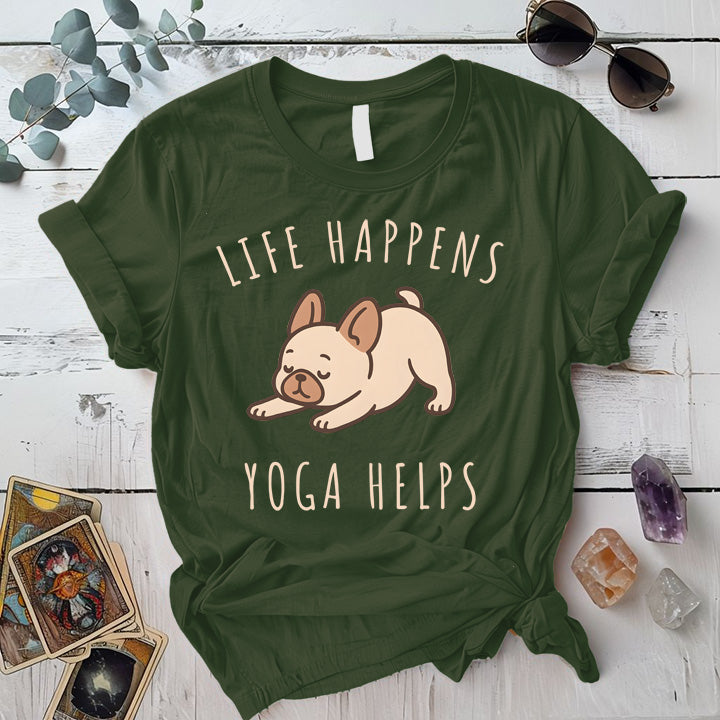 Life Happens Yoga Helps Dog T-Shirt Mockup Military Green