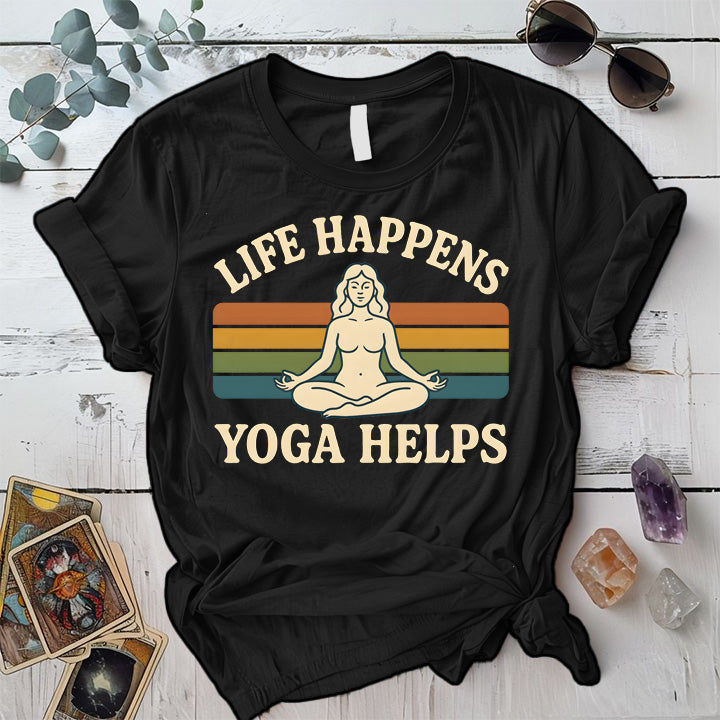 Life Happens Yoga Helps Meditation T-Shirt Mockup Black