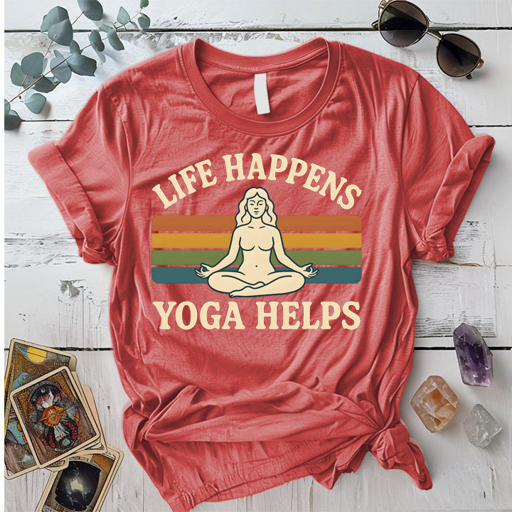 Life Happens Yoga Helps Meditation T-Shirt Mockup Coral Silk