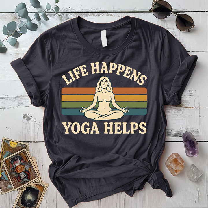 Life Happens Yoga Helps Meditation T-Shirt Mockup Dark Heather Grey