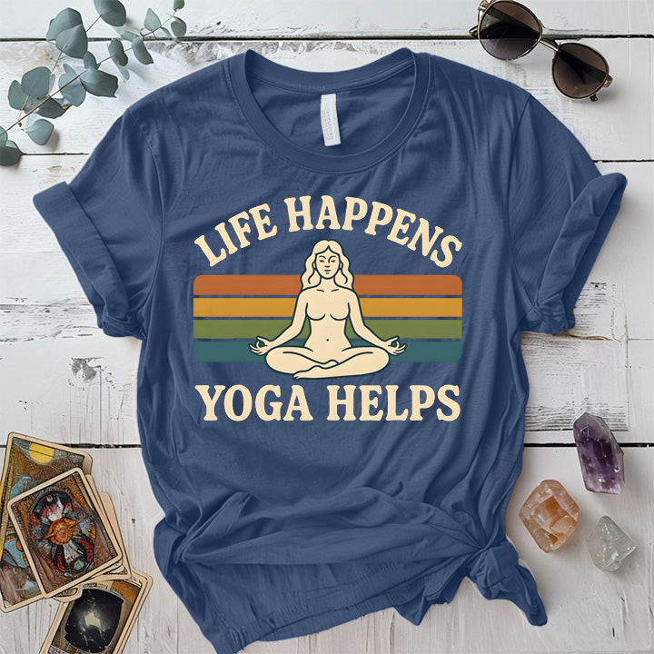 Life Happens Yoga Helps Meditation T-Shirt Mockup Indigo Blue