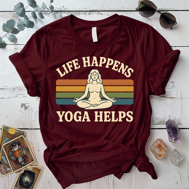Life Happens Yoga Helps Meditation T-Shirt Mockup Maroon