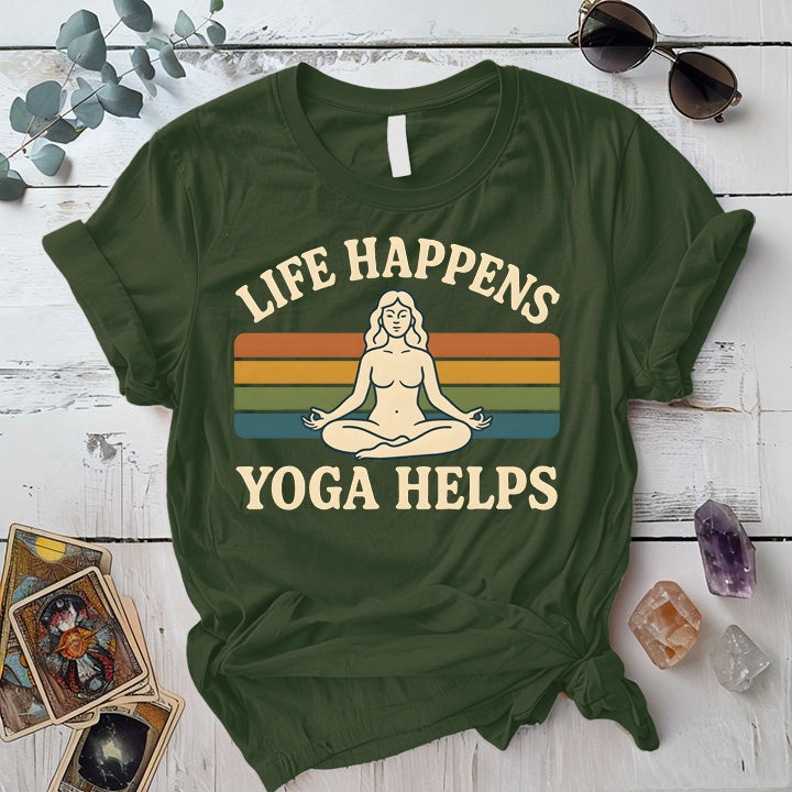 Life Happens Yoga Helps Meditation T-Shirt Mockup Military Green
