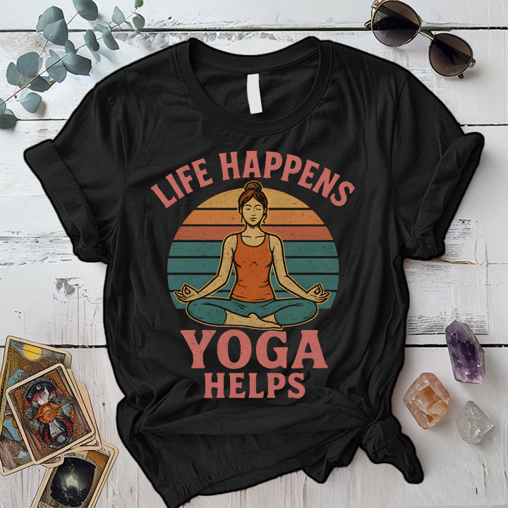 Life Happens Yoga Helps Retro T-Shirt Mockup black