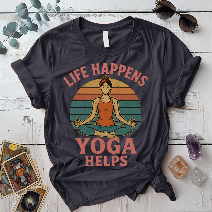 Life Happens Yoga Helps Retro T-Shirt Mockup dark-heather-grey