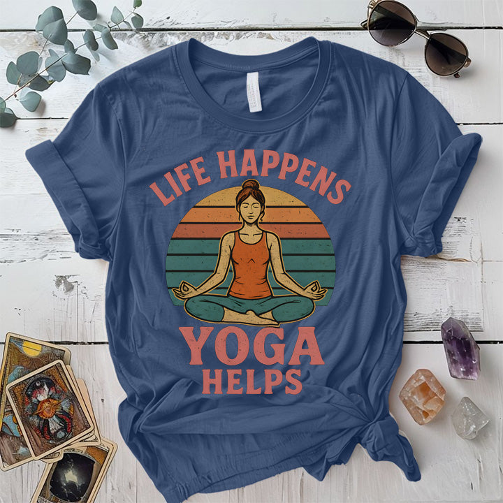 Life Happens Yoga Helps Retro T-Shirt Mockup indigo-blue