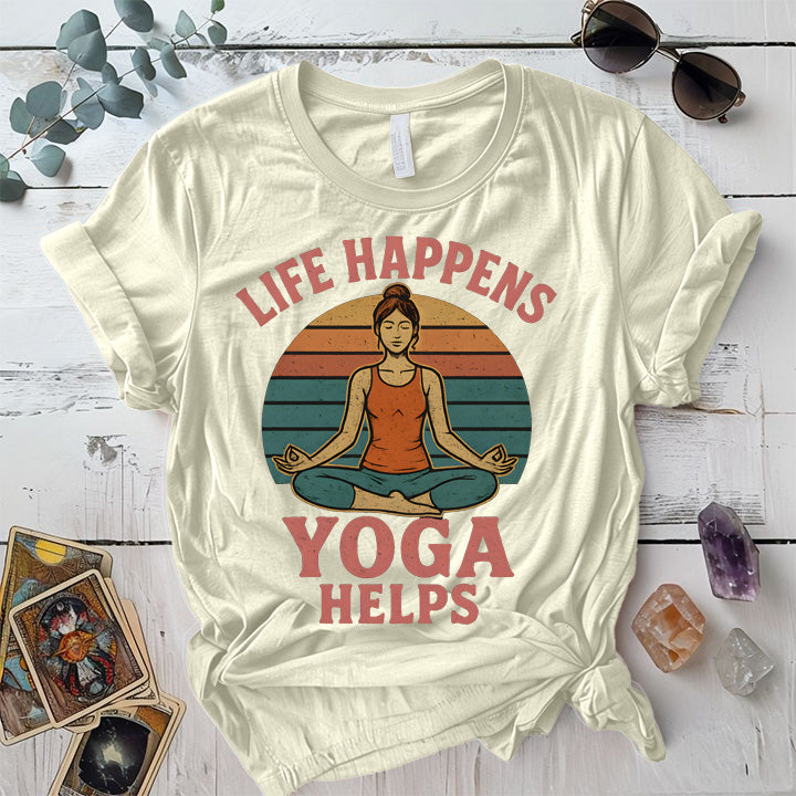 Life Happens Yoga Helps Retro T-Shirt Mockup natural