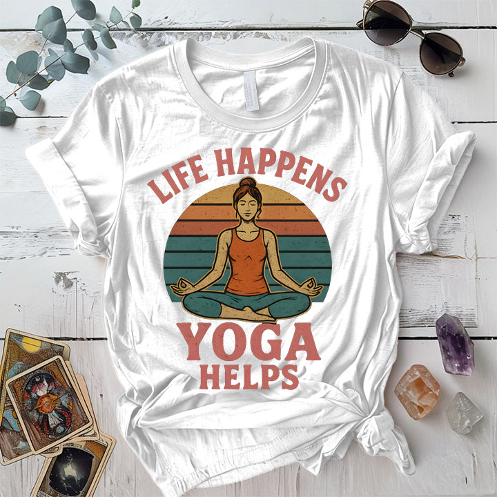 Life Happens Yoga Helps Retro T-Shirt Mockup white