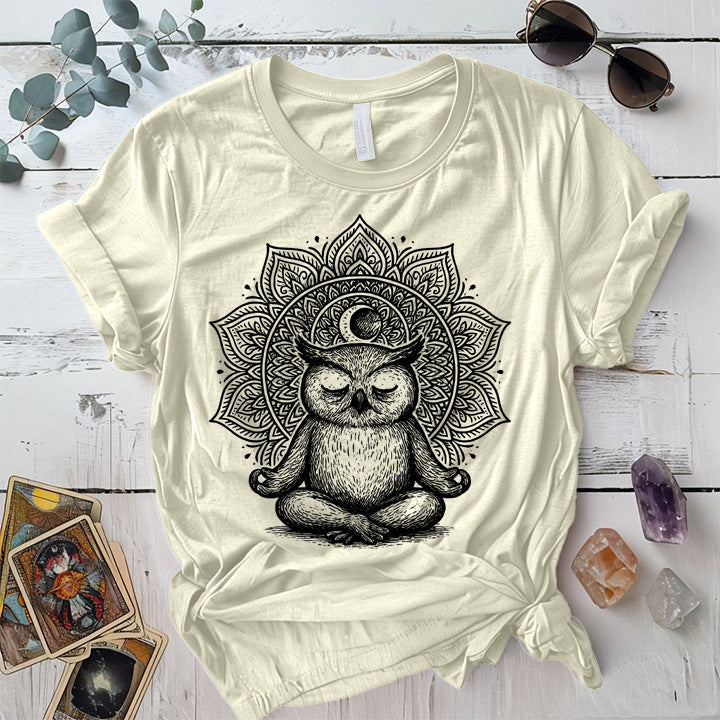Meditating Owl Mandala T-Shirt Mockup Natural