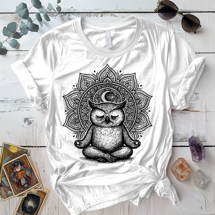 Meditating Owl Mandala T-Shirt Mockup White