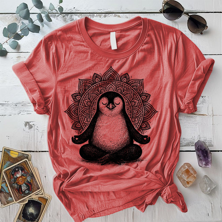 Meditating Penguin Mandala T-Shirt Mockup Coral Silk